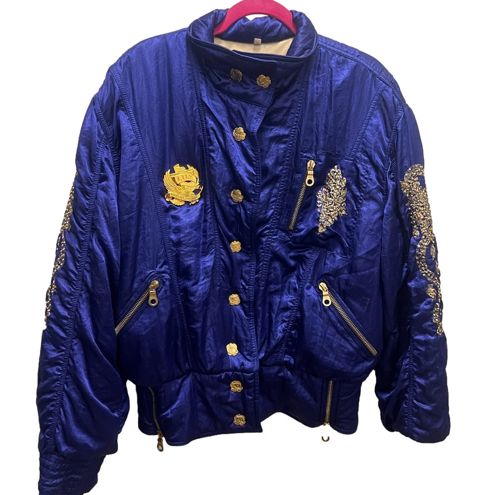 Lily Farouche Vintage Blue Ski Bomber Jacket w/Gold Dragon & Phoenix Size S/M